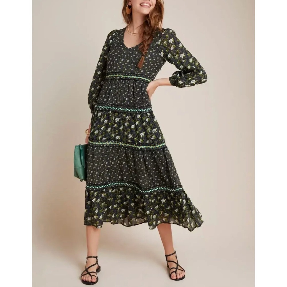 BY ANTHROPOLOGIE Karoline Floral Tiered Maxi Dress Long Sleeve